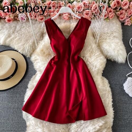 V-Neck Sleeveless Cross Femme Dresses Elegant solid Backless Sundress Mini Club Wear Vestidos Sexy red A LIne