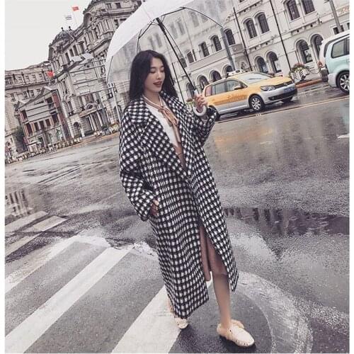 Winter Women Plaid Wool Coat Thick Warm Black White Plaid Casual Long Coat Turn-down Collar Loose Soft Outerwear тренч женский