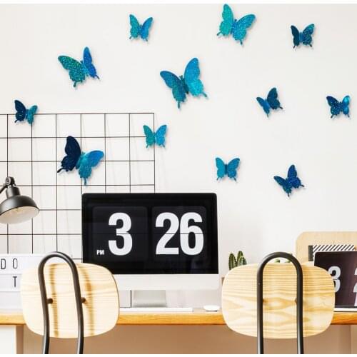 12pcs Shiny 3D Butterflies Wall Stickers Living Room Bedroom Wall Decoration Home Decor Self-adhesive Glass Stickers