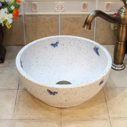 35cm Blue And White butterfly Painting China Ceramic Art Basin Sink Counter Top Wash Basin Bathroom Sinks single bowl wash basin