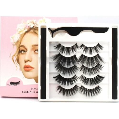 5 Pairs Magnetic Eyelashes and Eyeliner Natural False Eye Lashes Fake Eyelashes Liquid Eyeliner Waterproof Tweezer Makeup Tools