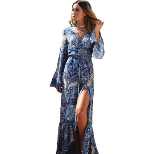 Bohemia Long Dress Women Floral Print Chiffon Beach Dress Summer V-neck Sexy Dress Ruffle Bohemian Dress Hippie Boho Beach Cloth