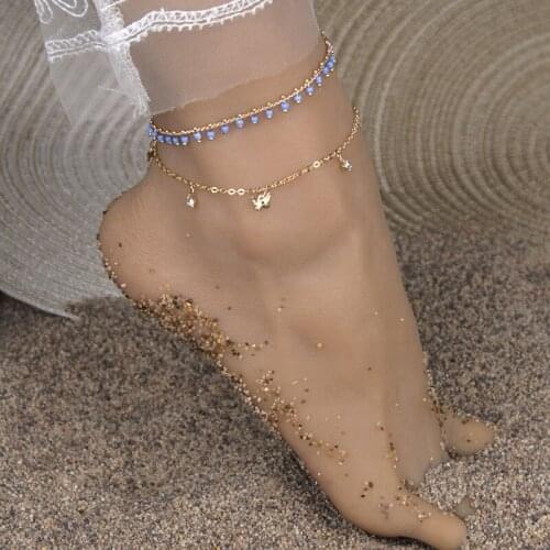 Bohemian Foot Jewelry Fashion Blue Beads Double Layers Anklets for Women Gold Color Chain Ankle Bracelet Leg Foot Jewelry