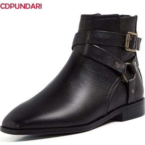 Ladies Black Genuine Leather Low Heels Ankle Boots For Women Autumn Winter Belt Buckle Punk Short Boots Shoes Bottines Femme