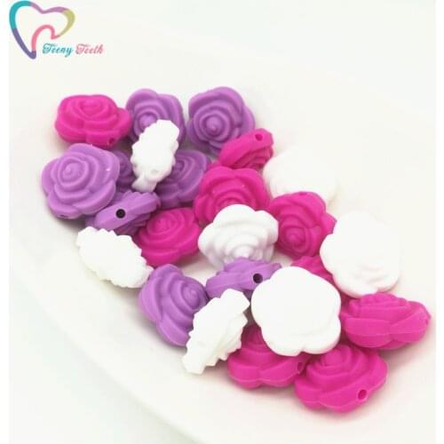Baby Teething Beads Accessories 9PCS 21MM White Violet Double-Faced Rose Flower Silicone Teething Beads,Mini Double Rose Flower