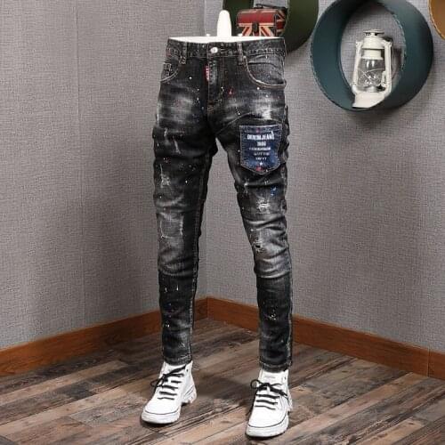 European American Street Fashion Men Jeans Retro Elastic Slim Ripped Jeans Men Painted Designer Patch Pocket Punk Pencil Pants