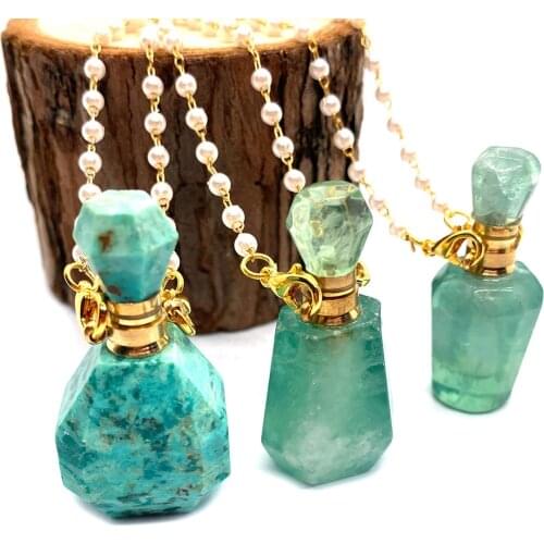 Natural Stone Green Fluorite Perfume Bottle Fashion Necklace Turquoise Two-hole Pendant Aromatherapy Bottle Essential Oil Bottle