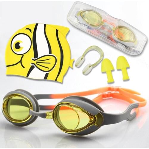 HD Anti-Fog Waterproof Kids Swim Goggles 4-Piece Set Swimming Cap + Goggles + Nose Clip +Glasses Case Beginner Training Equipmen