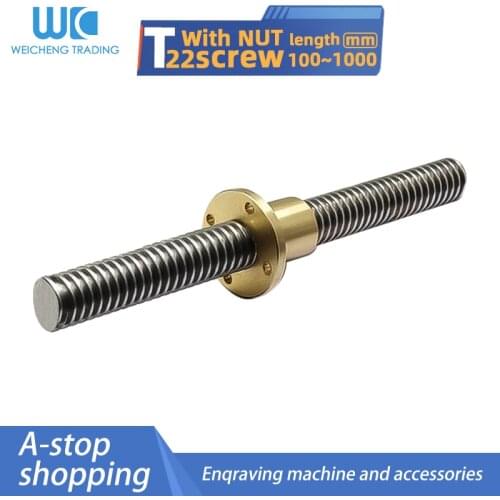 1PC Stainless Steel T22 Lead Screw Pitch 5MM Length 100/200/300/400/500/600/700/800/1000mm with Brass Copper Nut for 3D Printer