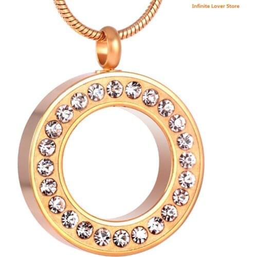 IJD8515 Never Fade Golden Stainless Steel Circle Cremation Ashes Urn Pendant With Crystal Wholesale Funeral Ashes Jewelry