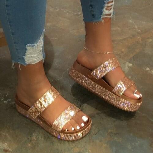 Summer 2021 Women Double-layer Rhinestone Buckle Shoes Outside Wild Beach Slippers Ladies Leisure Travel Shopping Slippers