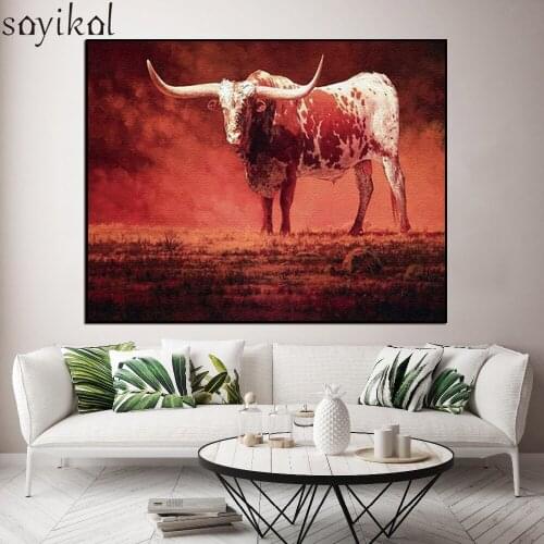 Frame DIY Painting By Numbers Acrylic Wall Art Handpainted Oil Painting On Canvas Animal Red Bull Modern Picture Home Decor