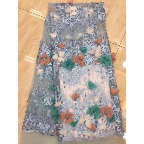 Nigerian Lace Fabrics 2020 French Lace Fabric High Quality 3D Beaded Lace Blue African Lace Applique Fabric For Dress CD2899