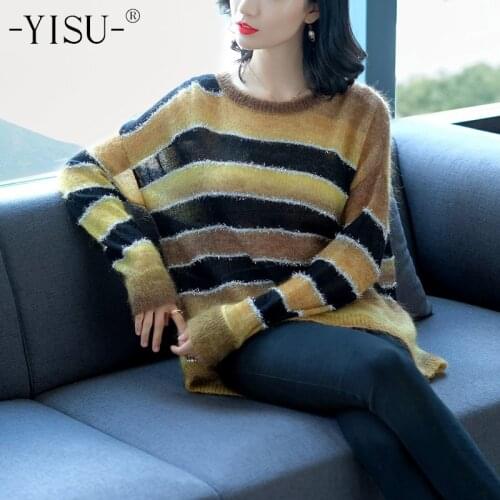 YISU autumn cashmere sweaters women fashion stripe sweater loose Mohair wool Blended sweater pullover
