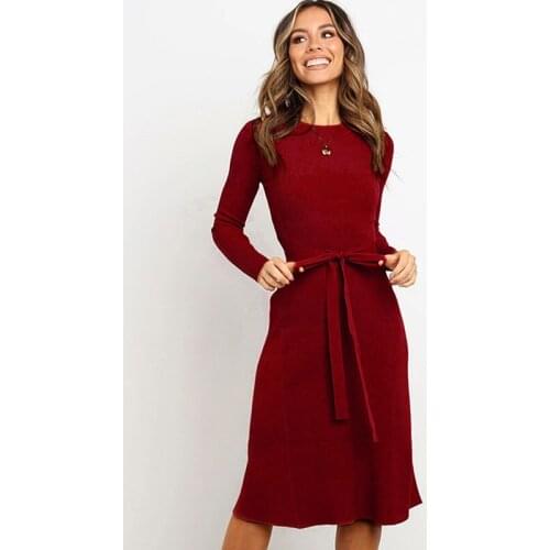 NORMOV Fashion Women Knit Dress Solid Draped O Neck Long Sleeve Bandage Knee Lenght Dress Vintage Elegant Night Party Dresses