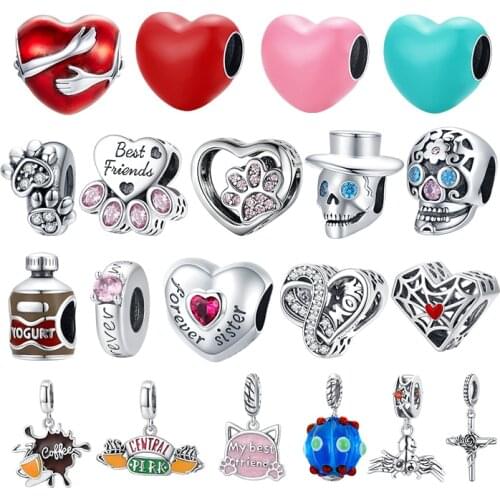 WOSTU Genuine 925 Sterling Silver Cobweb Heart Skull Bead Charm Pendant Fit Oringal Bracelet Women Party DIY Fine Jewelry Gift