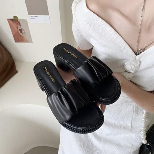 Slippers Casual Shoes Slipers Women Heeled Mules Slides Square heel Luxury Soft 2021 High Block Rome Scandals PU Plastic Fabric