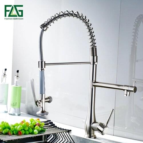 FLG Spring Style Nickel Brushed Kitchen Faucets Mixer Dual Spray Swivel Spout Rotatable Hot Cold Faucet Sink Mixer Tap 192-33N