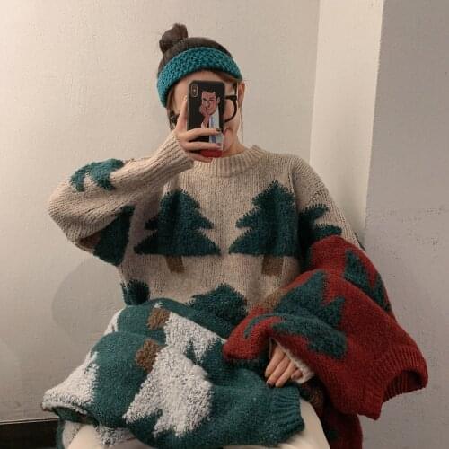 Vintage Christmas Tree Sweater Women Korean Casual Hit Color Oversized Thicken Pullover Jumpers Long Sleeve Knitwear Winter 2020