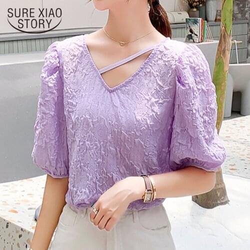 2021 Summer New Puff Sleeve V-neck Chiffon Shirt Female Loose Top Chemisier Femme Taro Purple All-match Design Small Shirt 10057
