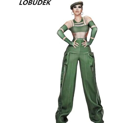 Stretch Long Sleeve Hallen Jumpsuit Military Uniform Bar Stage Women Singer Jazz HIP HOP Costume Leading Dancer Performance Wear