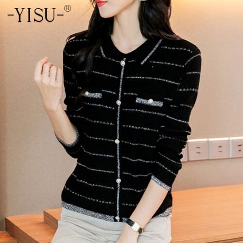 YISU 2021 New Autumn Women Sweater lapel Lines Casual Jumper Middle sleeve Knitted pullover Fashion Womens clothing