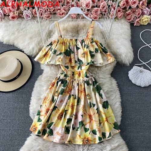 ALPHALMODA 2021 Summer New Seaside Holiday Style Beach Dress Fashion Print Off-shoulder Strap Dress Women Sling A-line Dress