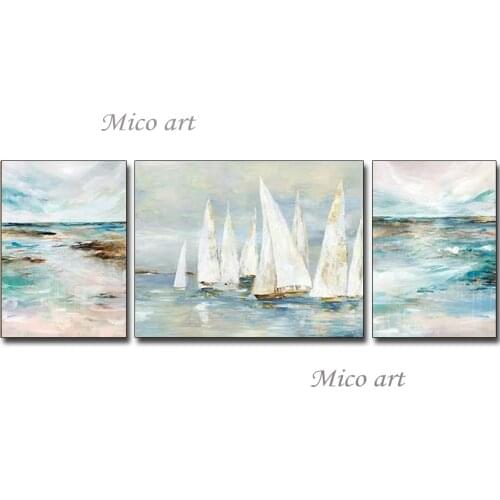 3 Panel Canvas Wall Art Hand Painted Boat Ship Oil Paintings Picture Wall Decoration Canvas Art Pieces For Modern Living Room