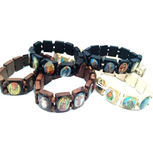 4pc Catholic Jewelry Christian Supplies Wooden Icon Elastic Bead Bracelet Gift 2019