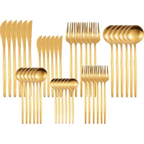 42pcs Matte Gold Cutlery Set Stainless Steel Tableware Table Dessert Knife Fork Spoon Tea Silverware Kitchen Dinnerware Flatware