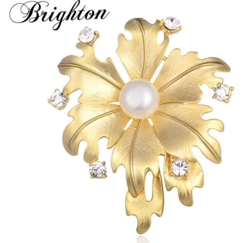 Brighton Classic Mid Century Leaf Motif Brooches Simulated Pearl Pin Accessory Sparkling Clear Crystal Real Gold Color Brooch