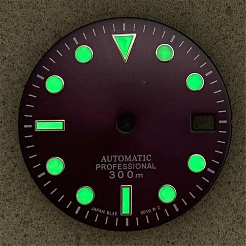 29MM Purple-ray Watch Dial with Date Window Green Luminous Index for NH35A NH36 Automatic Movement