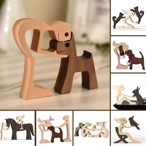 Family Puppy Wood Dog Craft Figurine Desktop Table Ornament Carving Model Creative Home Office Decoration Love Pet sculpture