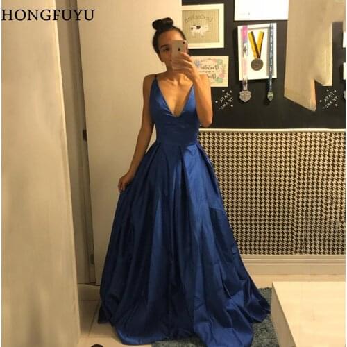 HONGFUYU Sexy Evening Prom Dresses 2019 A Line Party Gowns Sleeveless V-neck Evening Vestido de festa longo Formal Dress Satin