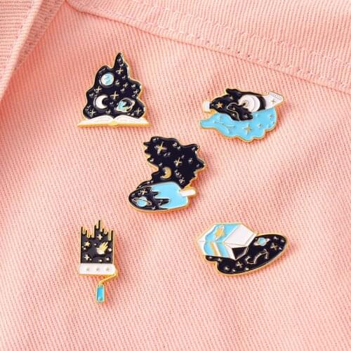 Creative Starry Sky Universe Star Moon Planet Enamel Brooch Fun Brush Ice Cream Milk Book Alloy Pins Badge Woman Jewelry Gift