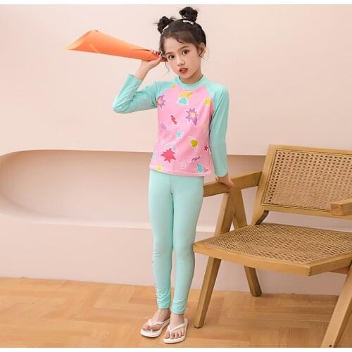 2021 Girls Two Piece Swimwear Kids Quick Dry Sports Beachwear Print Lovely Swimsuit Long Sleeve Sun Protection Girl Bathing Suit