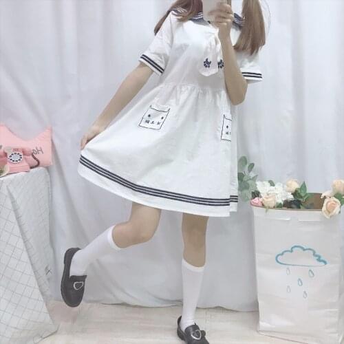 Sweet WomenS Lovely Baggy 2020 New Summer Dress Cute Cat Embroidery Dress, Loose Sailor Colar Dress Preppy Style Clothes