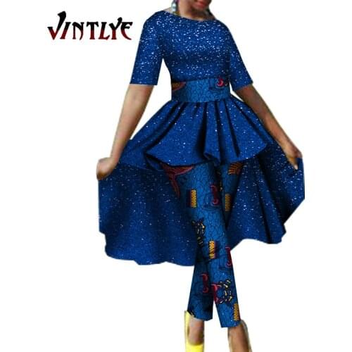Fashion African Clothes for Women Sequins Pleated Irregular Top and Slim Print Pants Ladys 2 Piece Sets Ankara Dashiki Garment