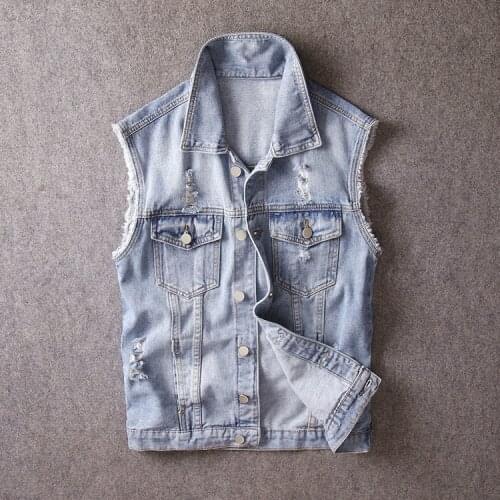Spring and autumn mens denim vest trend rock punk light color hole vest vest pure cotton