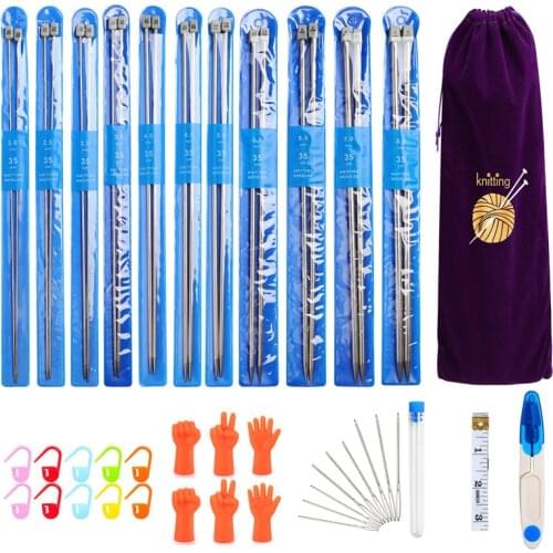 Knitting Needles Sets 22pcs 35cm 2mm(B)-8mm(L) Stainless Steel Sweater Needles set with Locking Stitch Measure Tape Sewing Kits