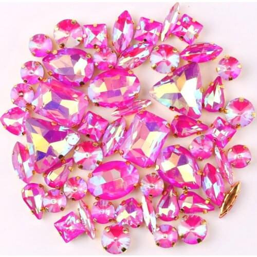 Gold claw setting 50pcs/bag shapes mix jelly candy Fuchsia AB glass crystal sew on rhinestone wedding dress shoes bags diy