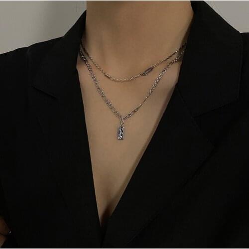New Korean Vintage Layered Necklace For Womens Cuban Link Choker Cute Stainless Steel Chain Square Pendant Fashion Jewelry 2021