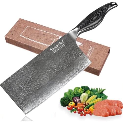 Sunnecko 7" inch Cleaver Kitchen Chef Knife Damascus Steel 60HRC Strong Hardness Sharp Blade Pakka Wood Handle Cooking Tools