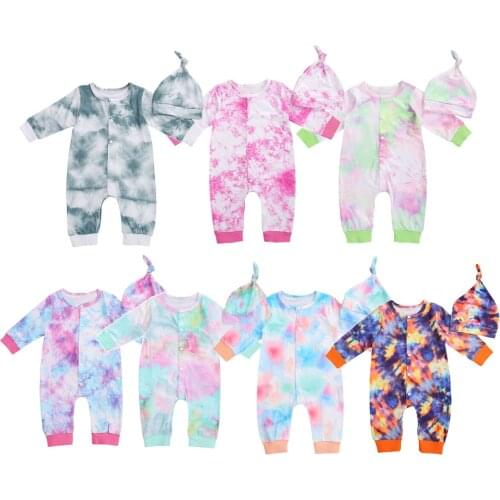 2020 Fall Newborn Baby Girls Boys Clothing Set O-neck Single-breasted Tie Dye Print Rompers Jumpsuit + Hat 0-12M Toddler Clothes