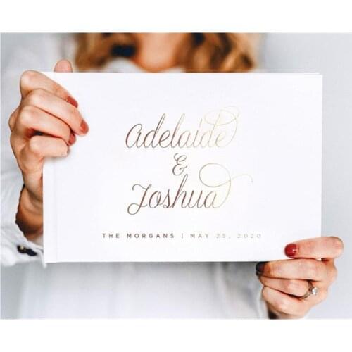 Personalized names hardcover Wedding Guest Book with Real Gold Foil landscape horizontal wedding guestbook journal photo albums