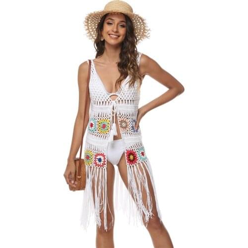 Sexy Crochet Flower Beach Cover Up Fringe Tunic White Knitted Tunics for Woman 2021 Summer Womens Swimsuit Cover-ups Beachwear