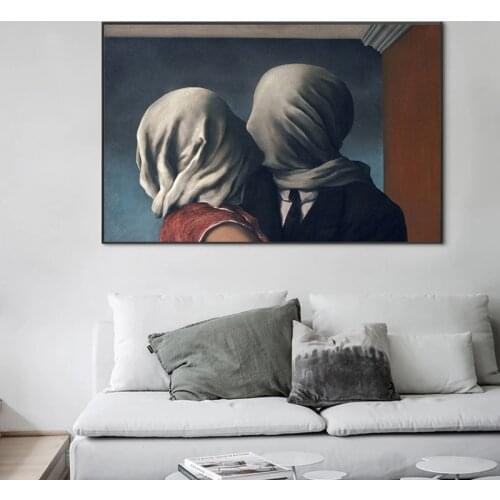 The Kiss Lover By Rene Magritte Canvas Painting Posters and Prints Wall Art Abstract Couple Hugging Together Pictures Home Decor