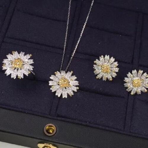 Real 100% 925 Sterling silver Ring & Earring Fashion Yellow Crystal Zircon Daisy Stud Earrings For Women Wedding Jewelry Sets