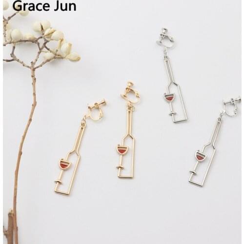 Korean Long Personality Wine Bottle Cupclip on Earrings Non Pierced Ear Clip Female Fashion Temperament Simple Drop Oil Earring