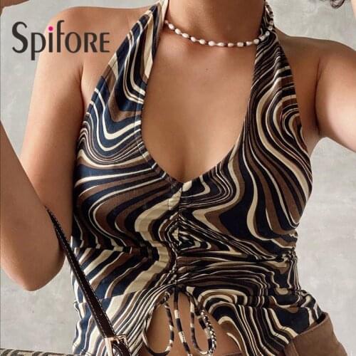 Spifore Tie Dye Brown Tops Crop 2021 Summer Club Party Paisley Print Halter Neck Sexy Drawstring Backless Y2K Women Tank Tops
